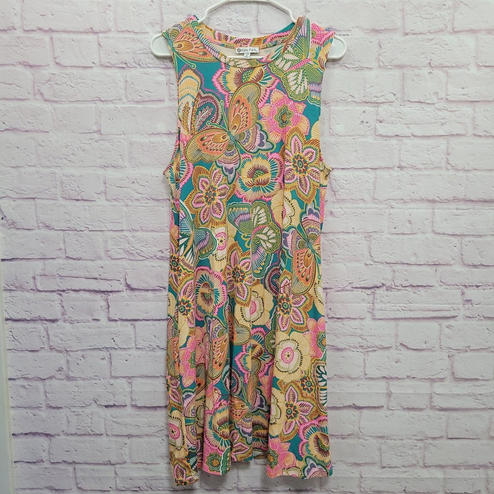 Kate Park Floral Butterfly Shift Dress 2X Hippie Retro Pockets Cottagecore Boho